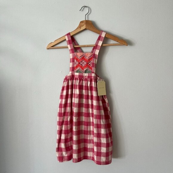 NWT Piupiuchick Long Apron Dress Checkered Pink w/Lace Size 3 Years - Picture 1 of 10